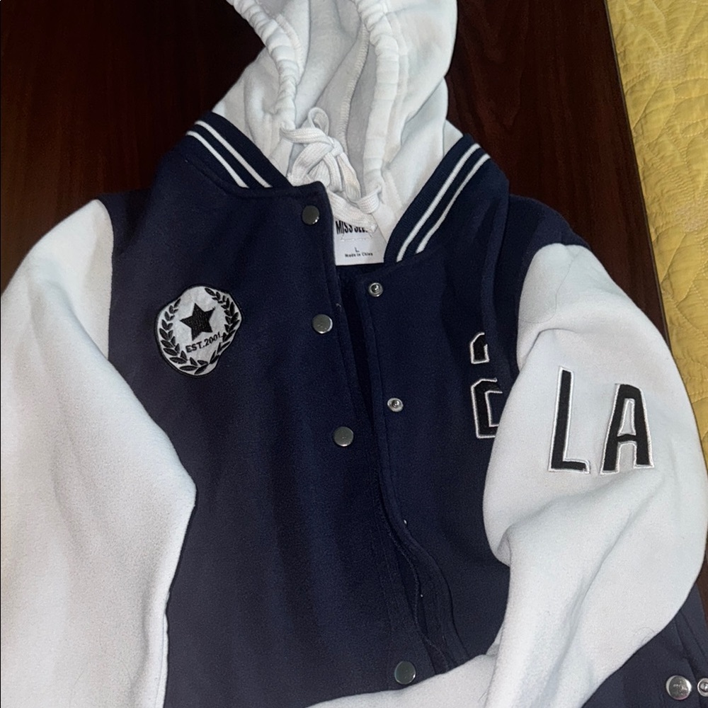 Blue and White Hooded Sweatshirt with Varsity Style